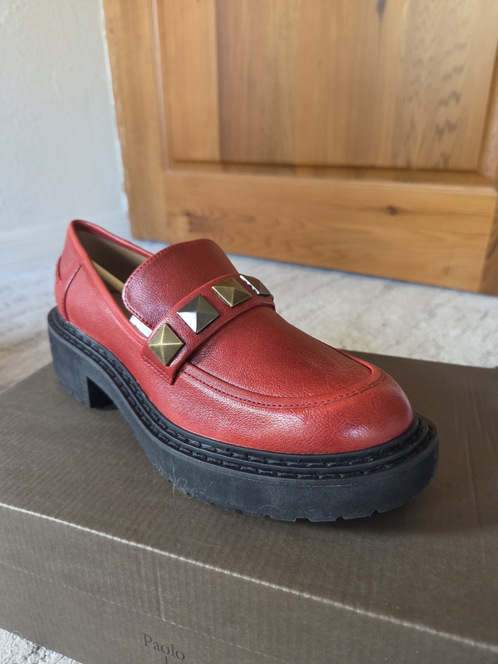 NIB, Paolo Red Leather Studded Platform Loafers, Sz. 8